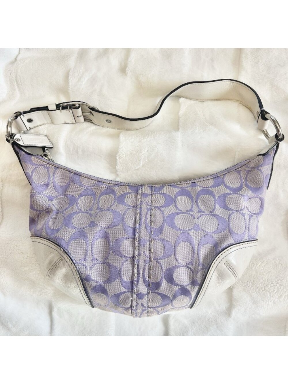 Coach Soho Mini Hobo Bag Purple Signature Canvas White Leather Y2K